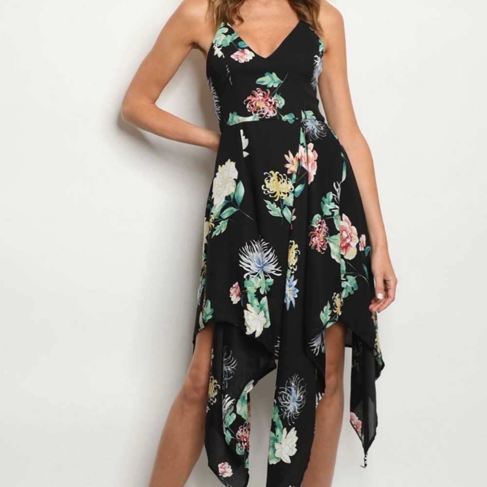 Black Floral Criss Cross Spaghetti Strap Dress Sz. L